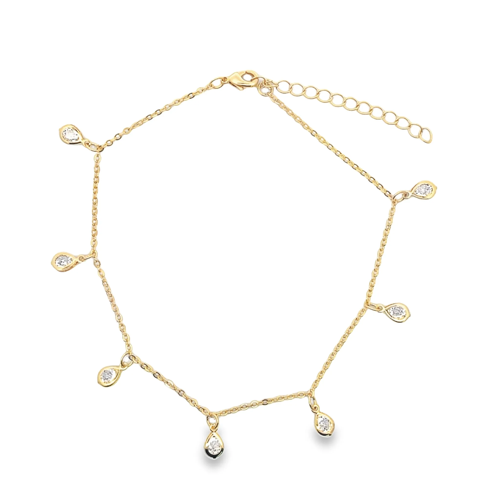18k Gold Filled Dainty Anklet With Teardrop Clear Cubic Zirconia Stones (E226)
