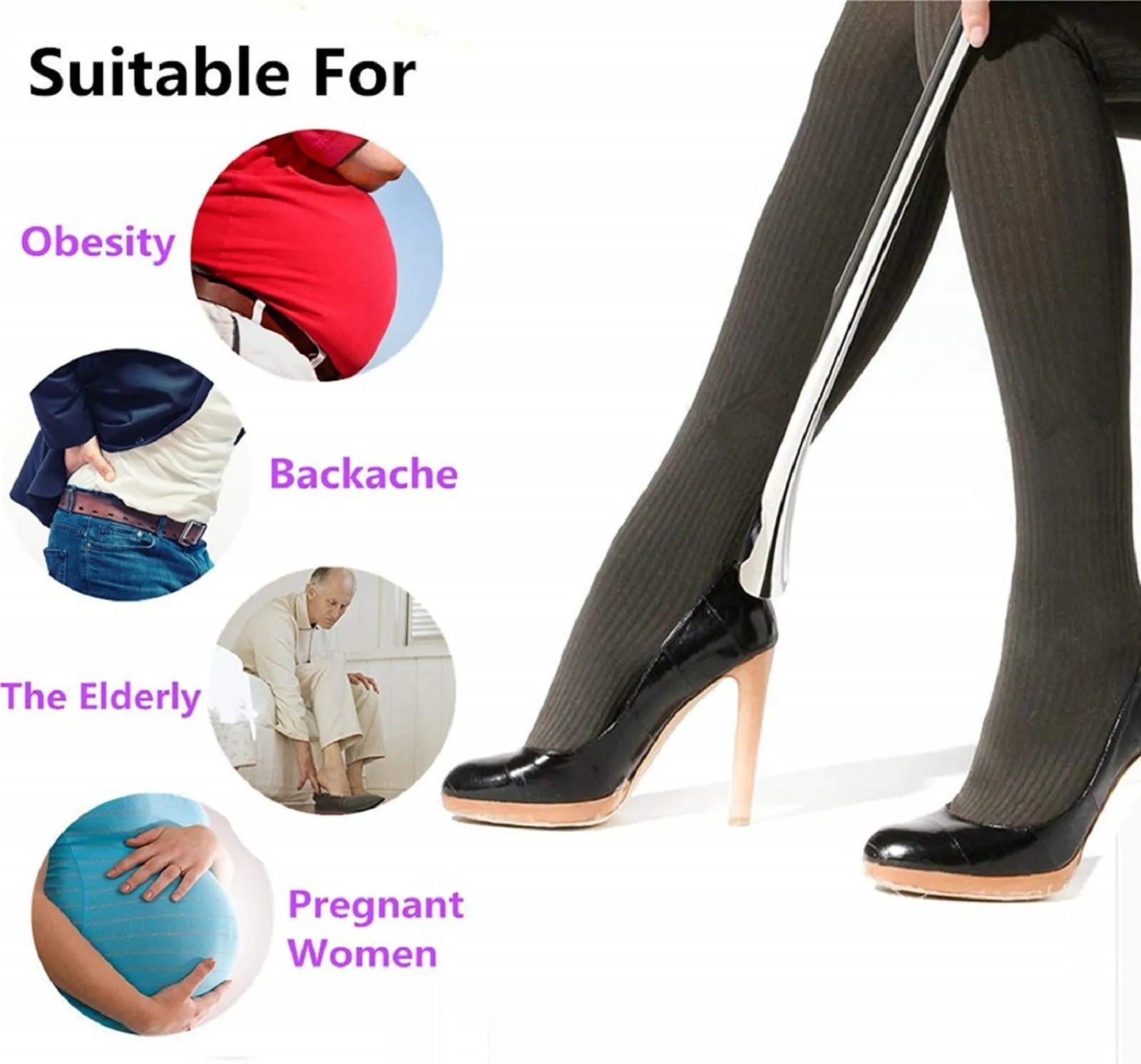 26 Inch Shoe Horn Long Handle for Seniors Metal Shoehorn Large Handled Shoe Horns Men Women Solid Heavy Duty with 6.3'' Travel Shoe Spoon