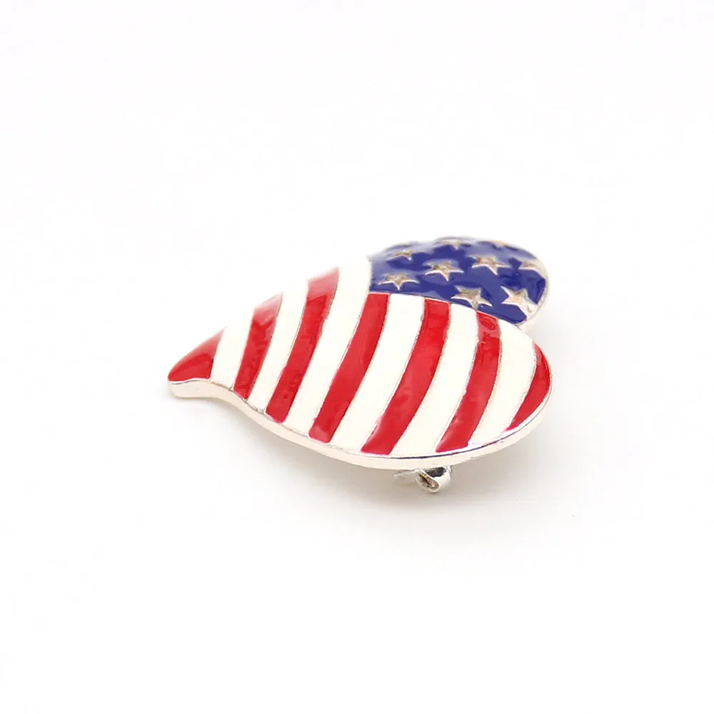 37mm Rhinestone Enamel USA Flag American Independence Day Love Heart Shaped Brooch Pin