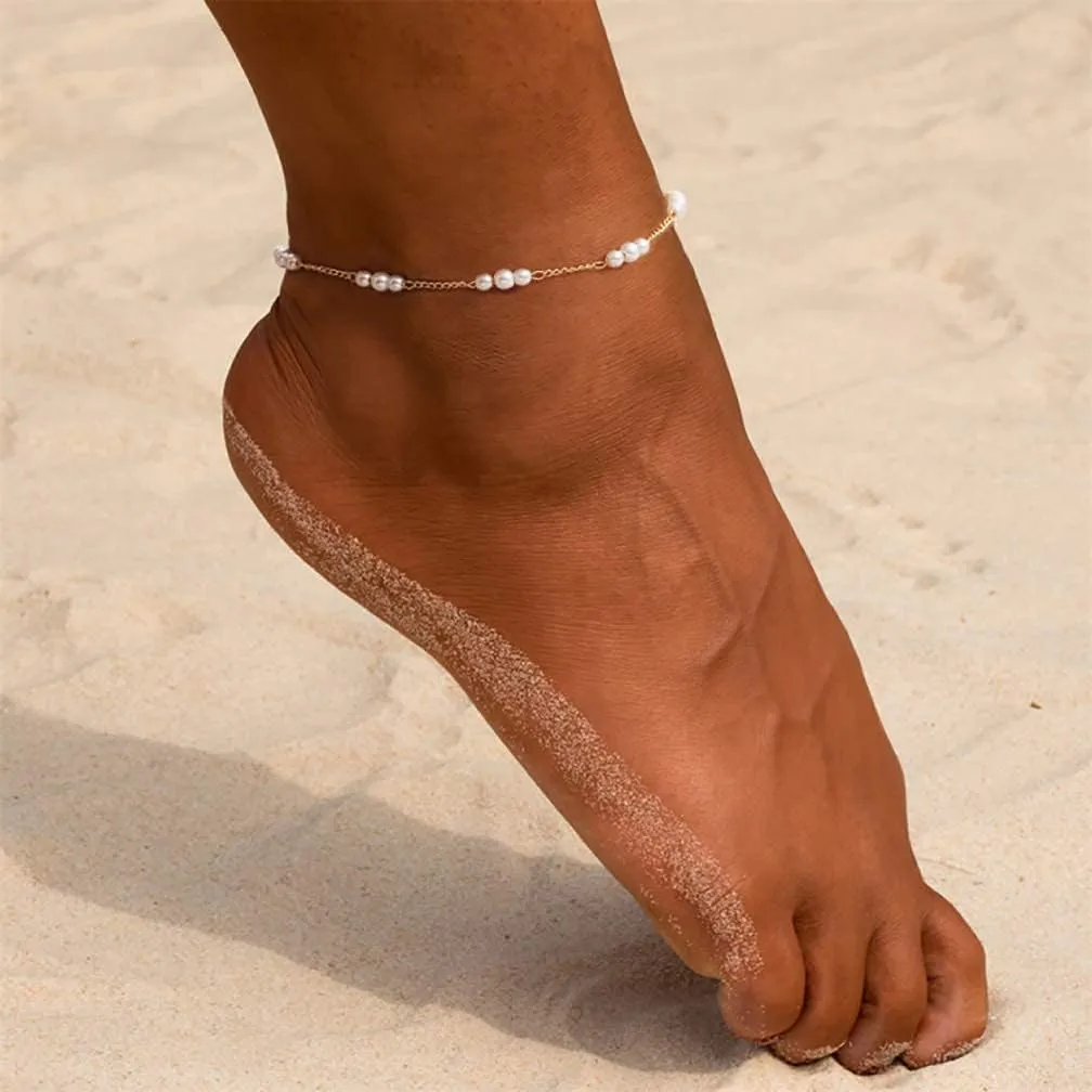 Anklet for Women 14K Gold Plated Ankle Bracelets Silver Anklet Waterproof Pearl Cubic Zirconia Rhinestone Heart Beads Herringbone Cuba Link Chain Anklets Dainty Jewelry