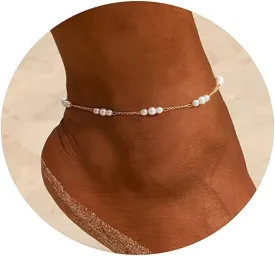 Anklet for Women 14K Gold Plated Ankle Bracelets Silver Anklet Waterproof Pearl Cubic Zirconia Rhinestone Heart Beads Herringbone Cuba Link Chain Anklets Dainty Jewelry