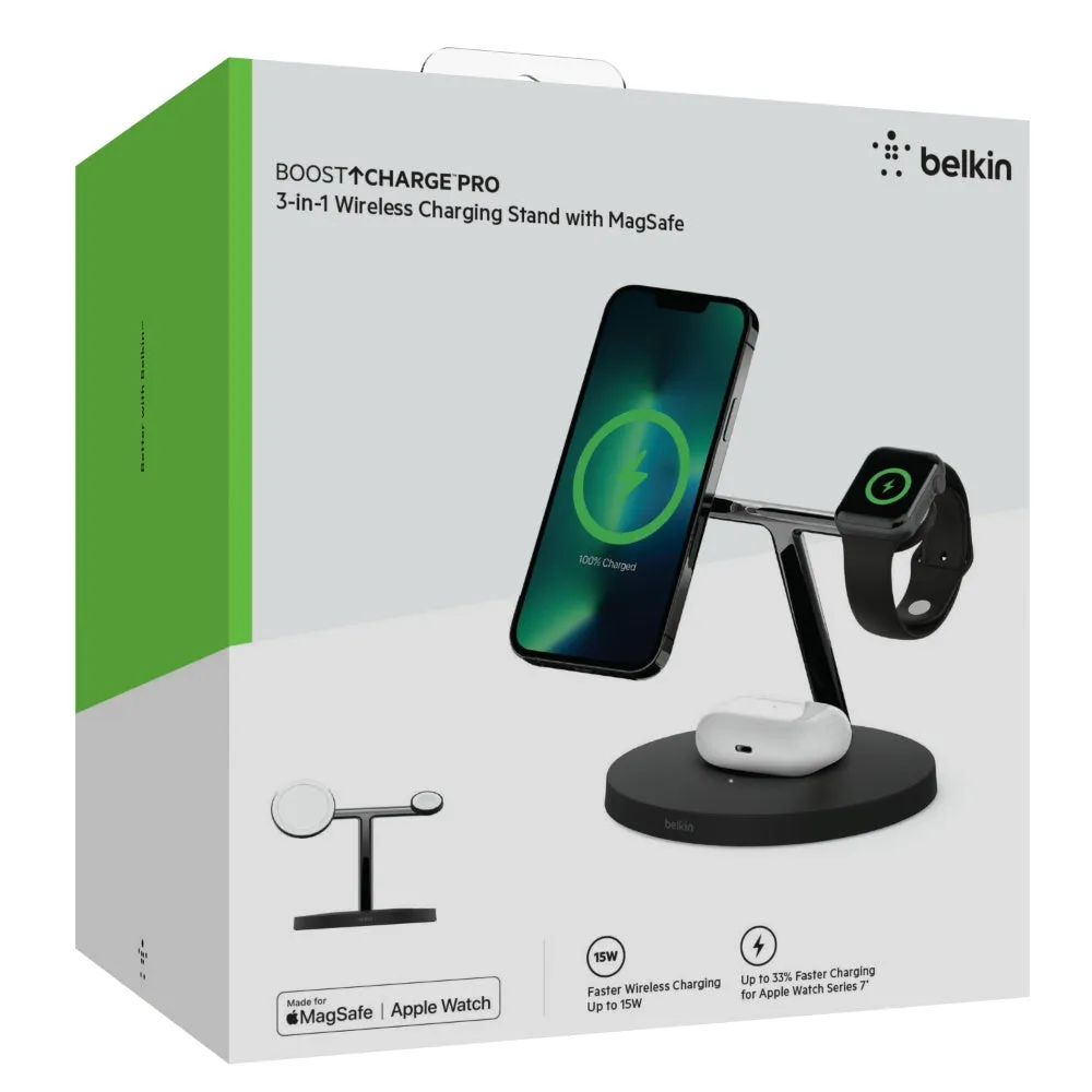 BELKIN BoostCharge Pro 3-In-1 Wireless Stand Fast Charger with 15W MagSafe - Black
