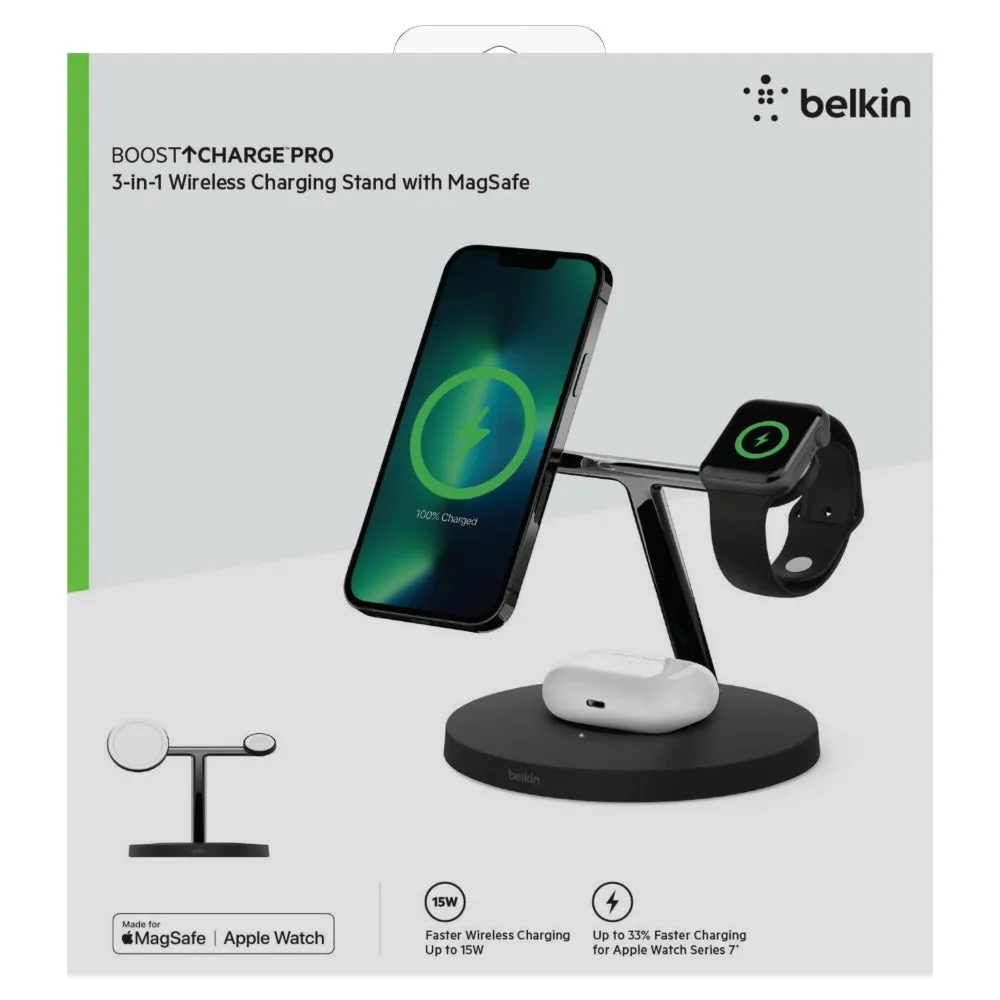 BELKIN BoostCharge Pro 3-In-1 Wireless Stand Fast Charger with 15W MagSafe - Black