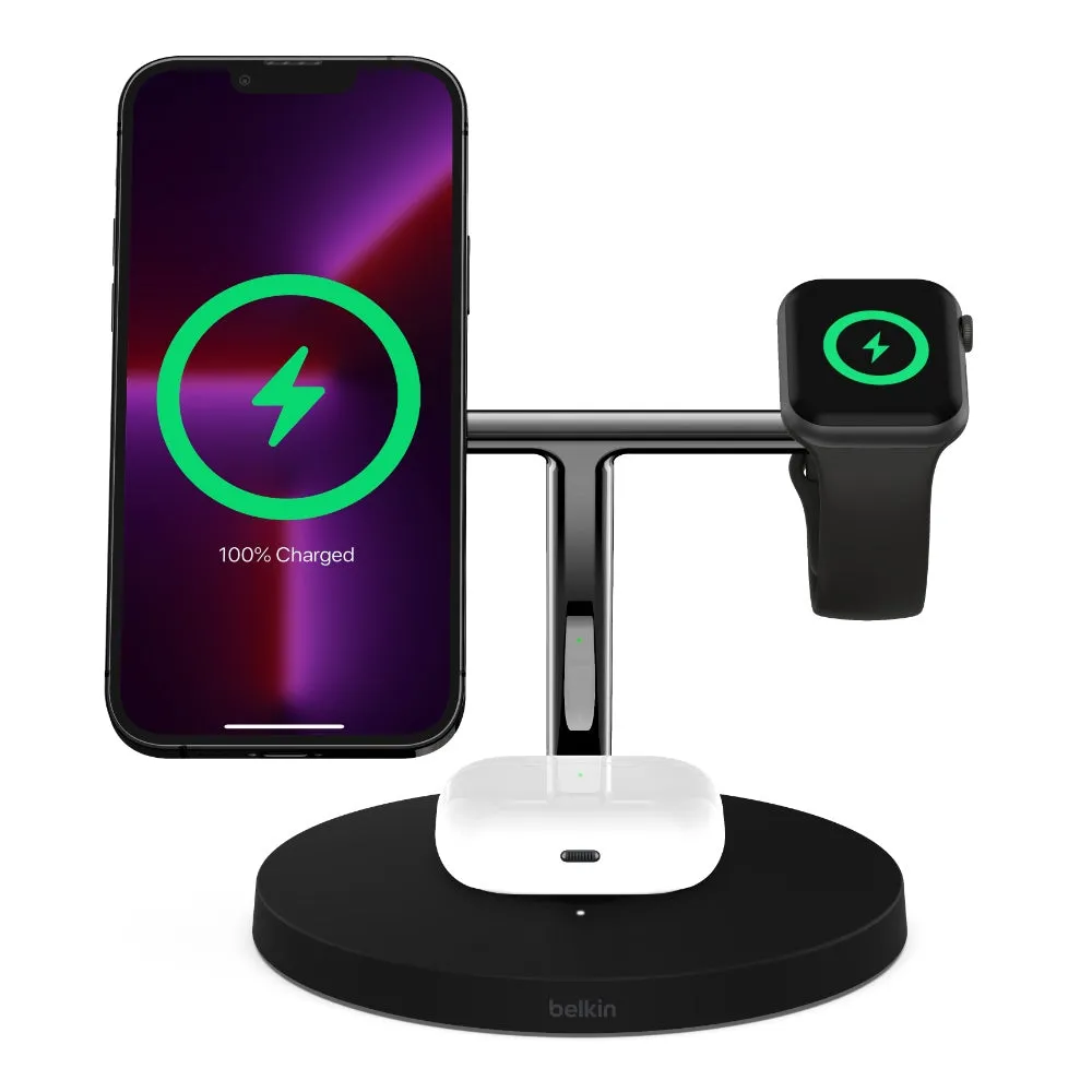 BELKIN BoostCharge Pro 3-In-1 Wireless Stand Fast Charger with 15W MagSafe - Black