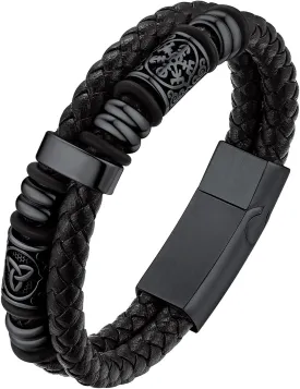Bestyle Genuine Leather Braided Stainless Steel Bead Bracelets for Men, Fashion Mens Wrap Cuff Wirstband Bracelets with Closure, Size 7.5/8.3Inch