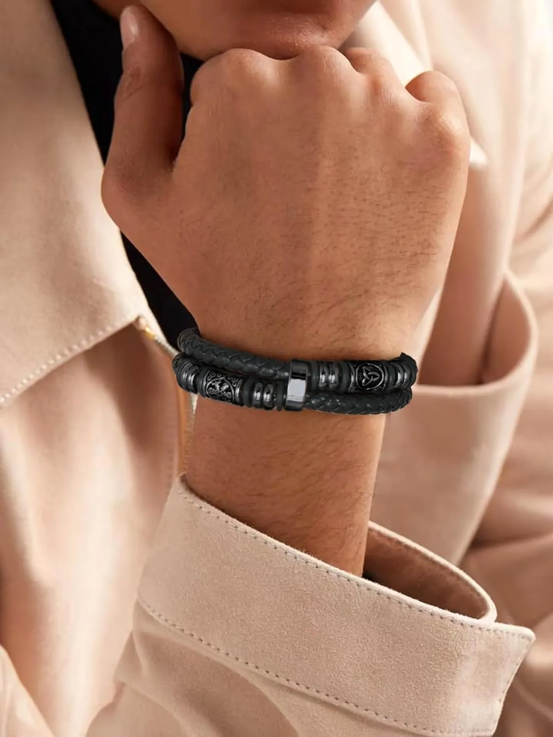 Bestyle Genuine Leather Braided Stainless Steel Bead Bracelets for Men, Fashion Mens Wrap Cuff Wirstband Bracelets with Closure, Size 7.5/8.3Inch