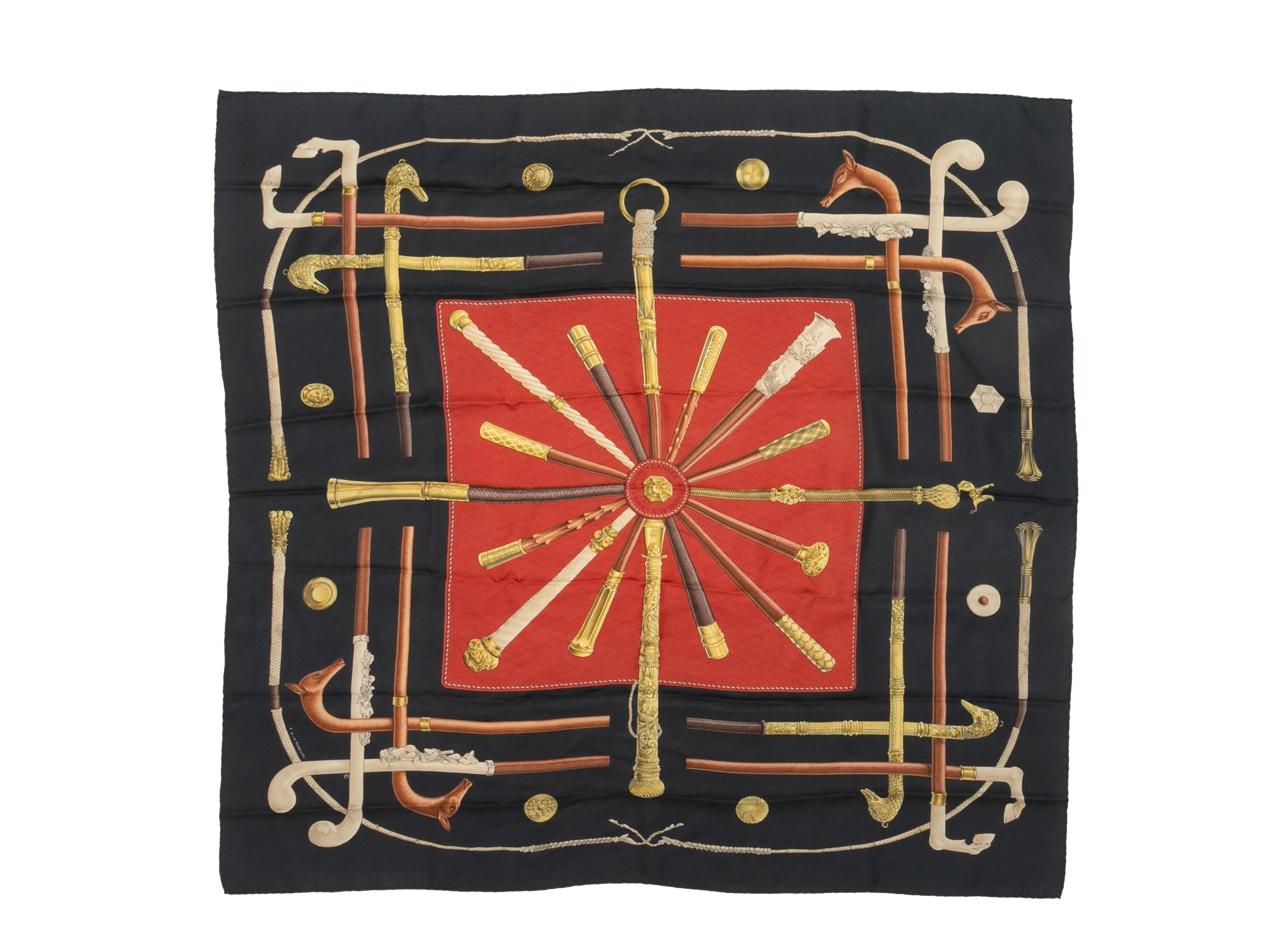 Black & Multicolor Hermes Cannes et Pommeaux Motif Silk Scarf