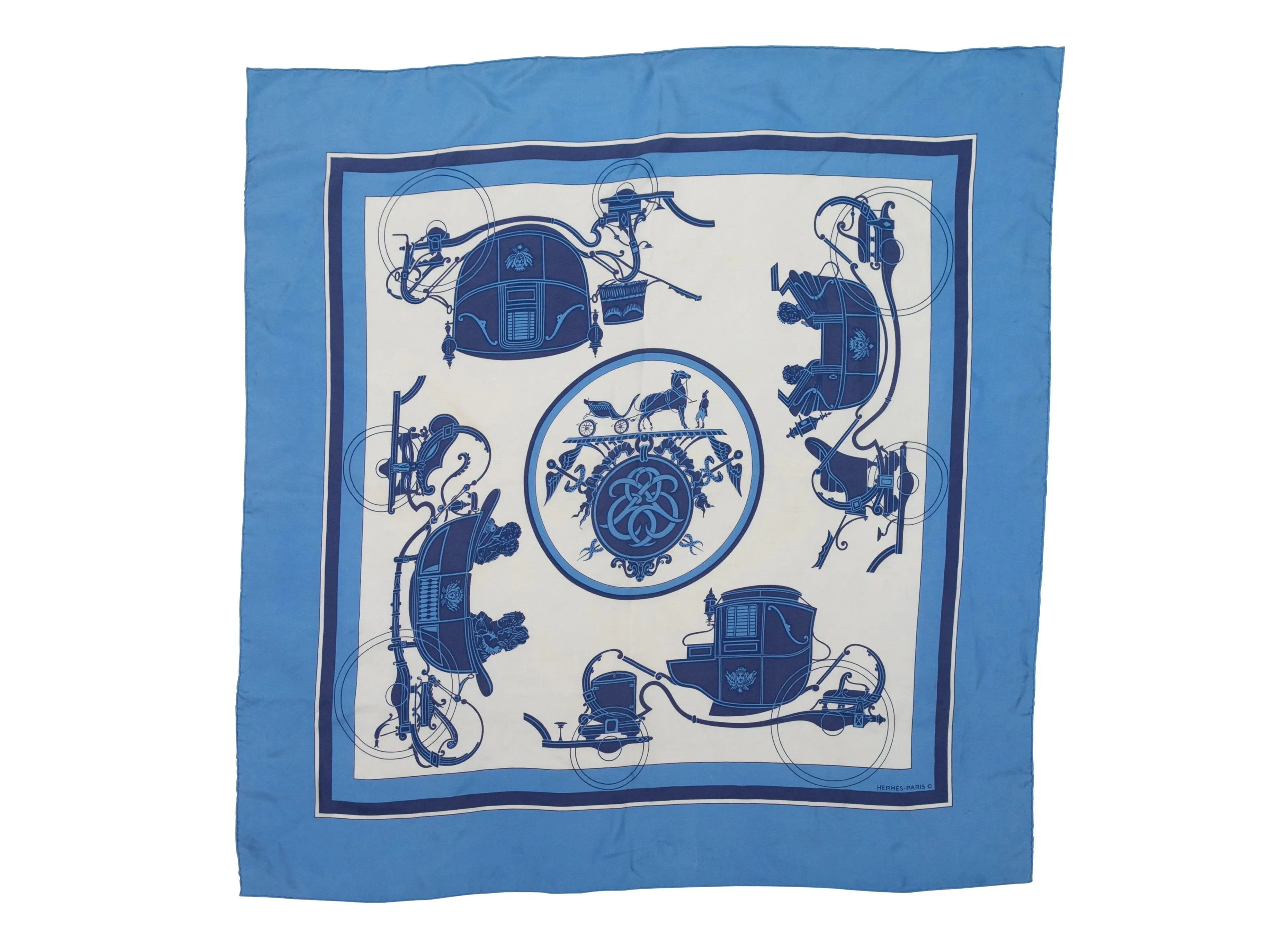 Blue & White Hermes Ex Libris Motif Printed Silk Scarf