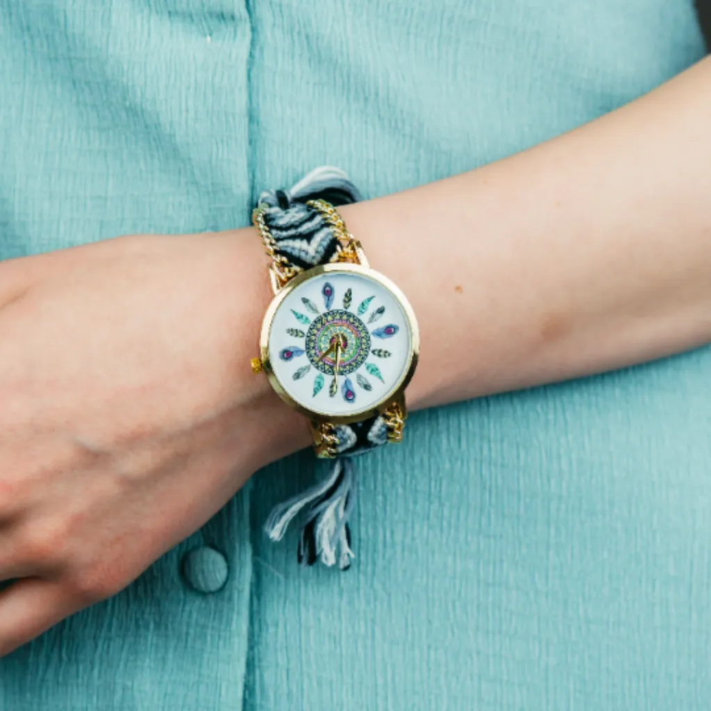 Boho Mandala Dial Jute Braided Bracelet Wrist Watch for Women