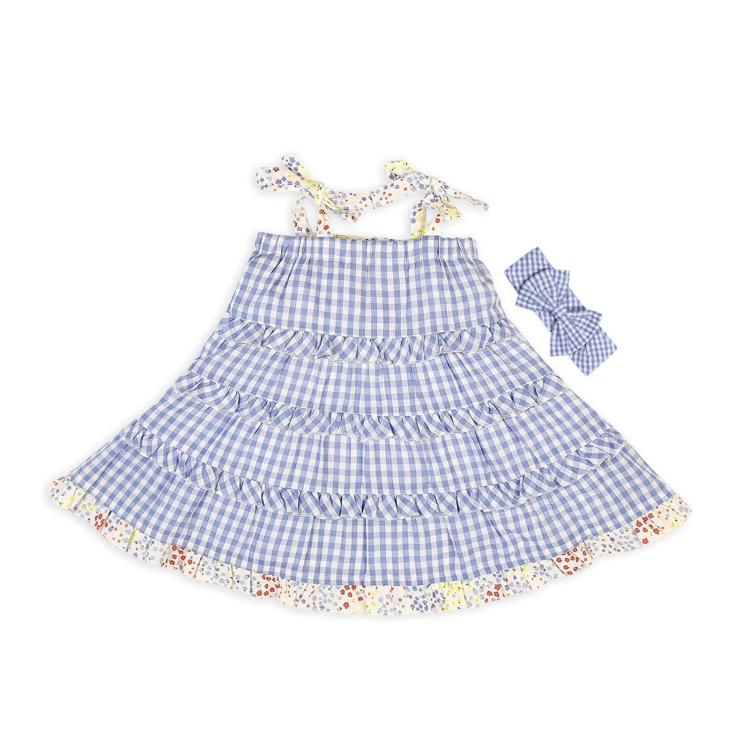 Gingham Tiered Dress With Hairband - Blue