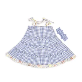 Gingham Tiered Dress With Hairband - Blue