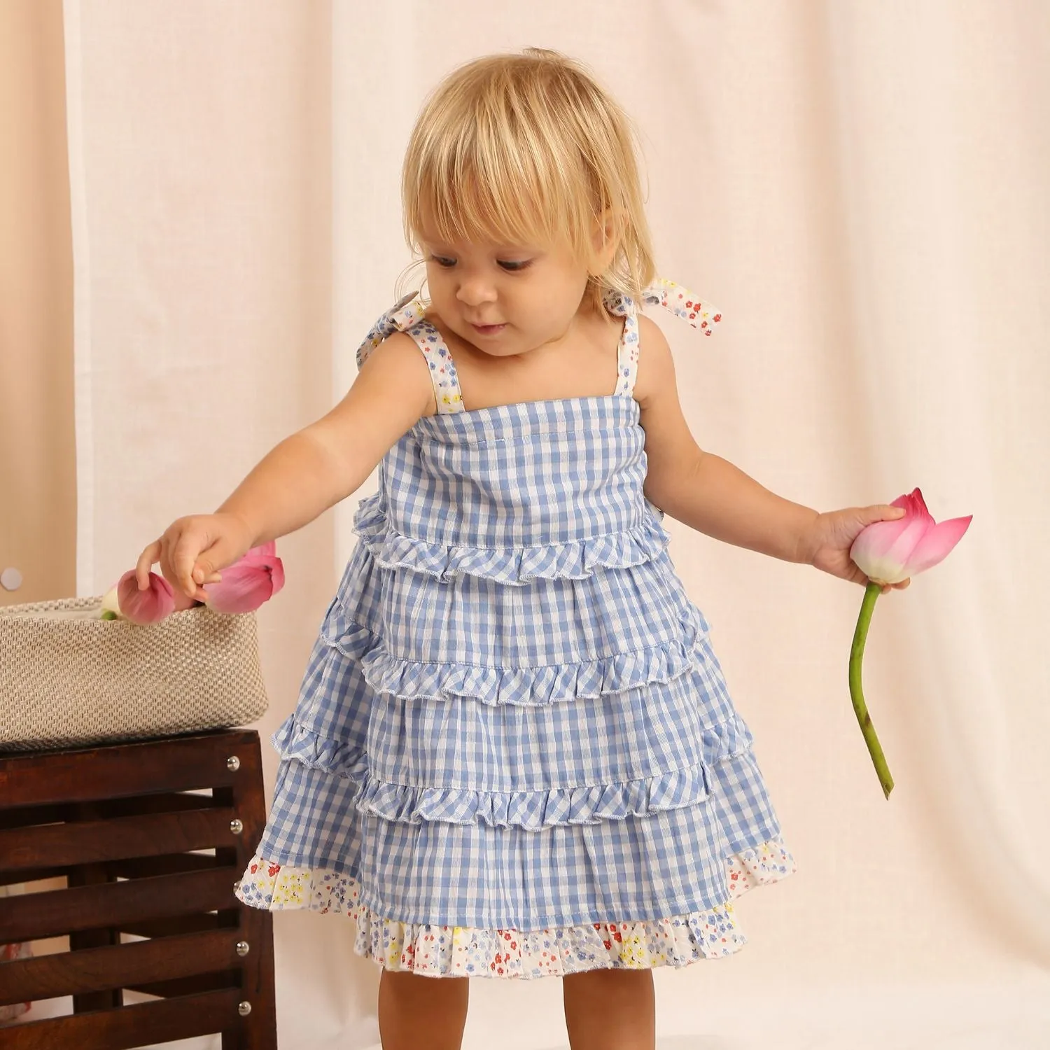 Gingham Tiered Dress With Hairband - Blue