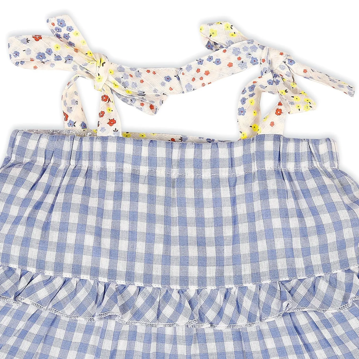 Gingham Tiered Dress With Hairband - Blue