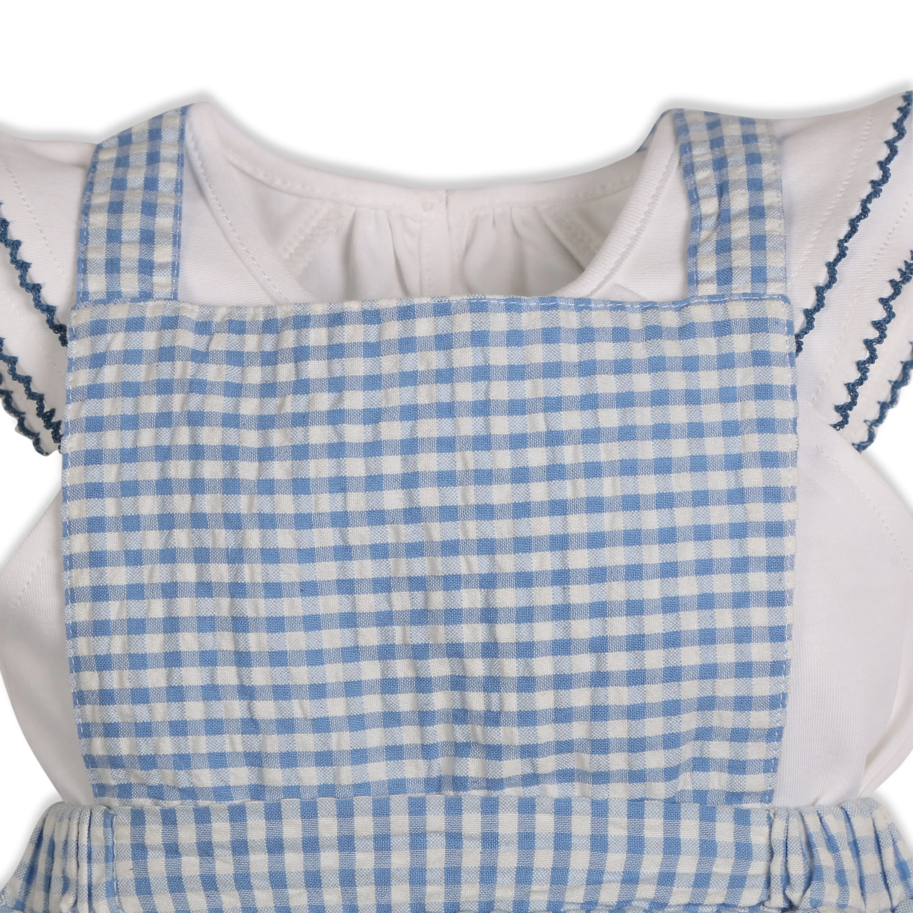 Meadow 100% Cotton Gingham Seersucker Dungaree with Knit Embroidered Tee & Peako Detail, Matching Hairband 3 PC Set - Blue & White