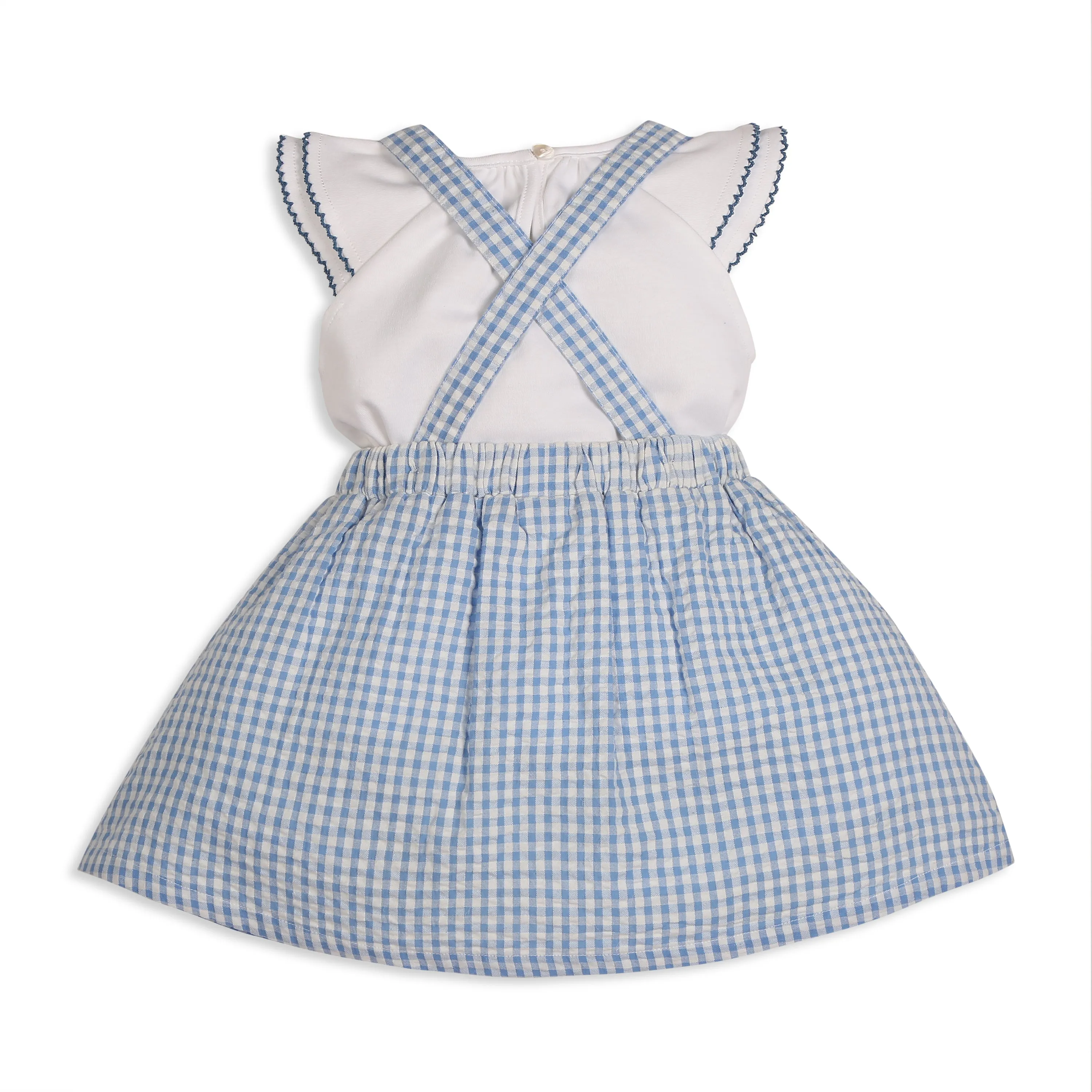 Meadow 100% Cotton Gingham Seersucker Dungaree with Knit Embroidered Tee & Peako Detail, Matching Hairband 3 PC Set - Blue & White