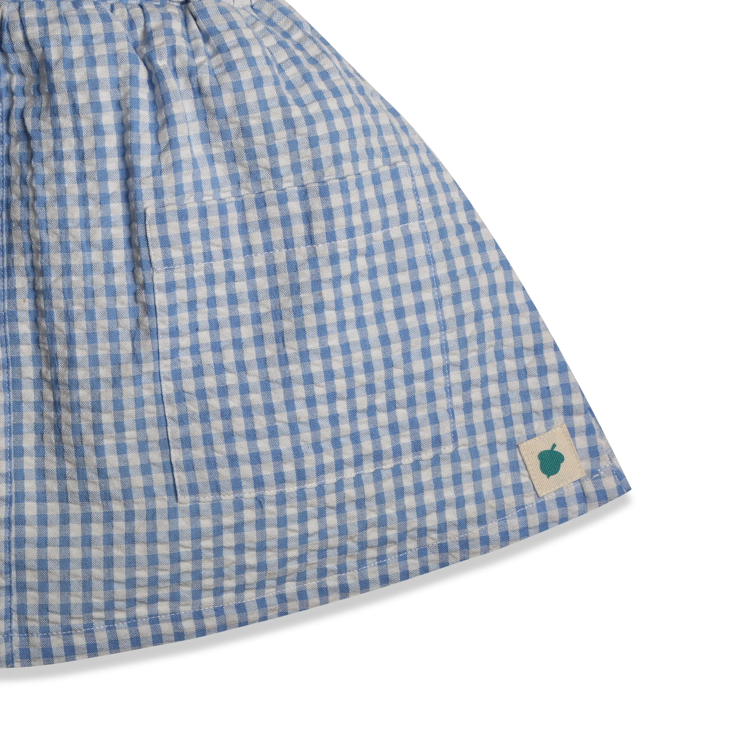 Meadow 100% Cotton Gingham Seersucker Dungaree with Knit Embroidered Tee & Peako Detail, Matching Hairband 3 PC Set - Blue & White