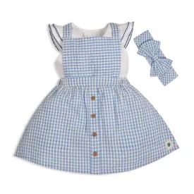 Meadow 100% Cotton Gingham Seersucker Dungaree with Knit Embroidered Tee & Peako Detail, Matching Hairband 3 PC Set - Blue & White