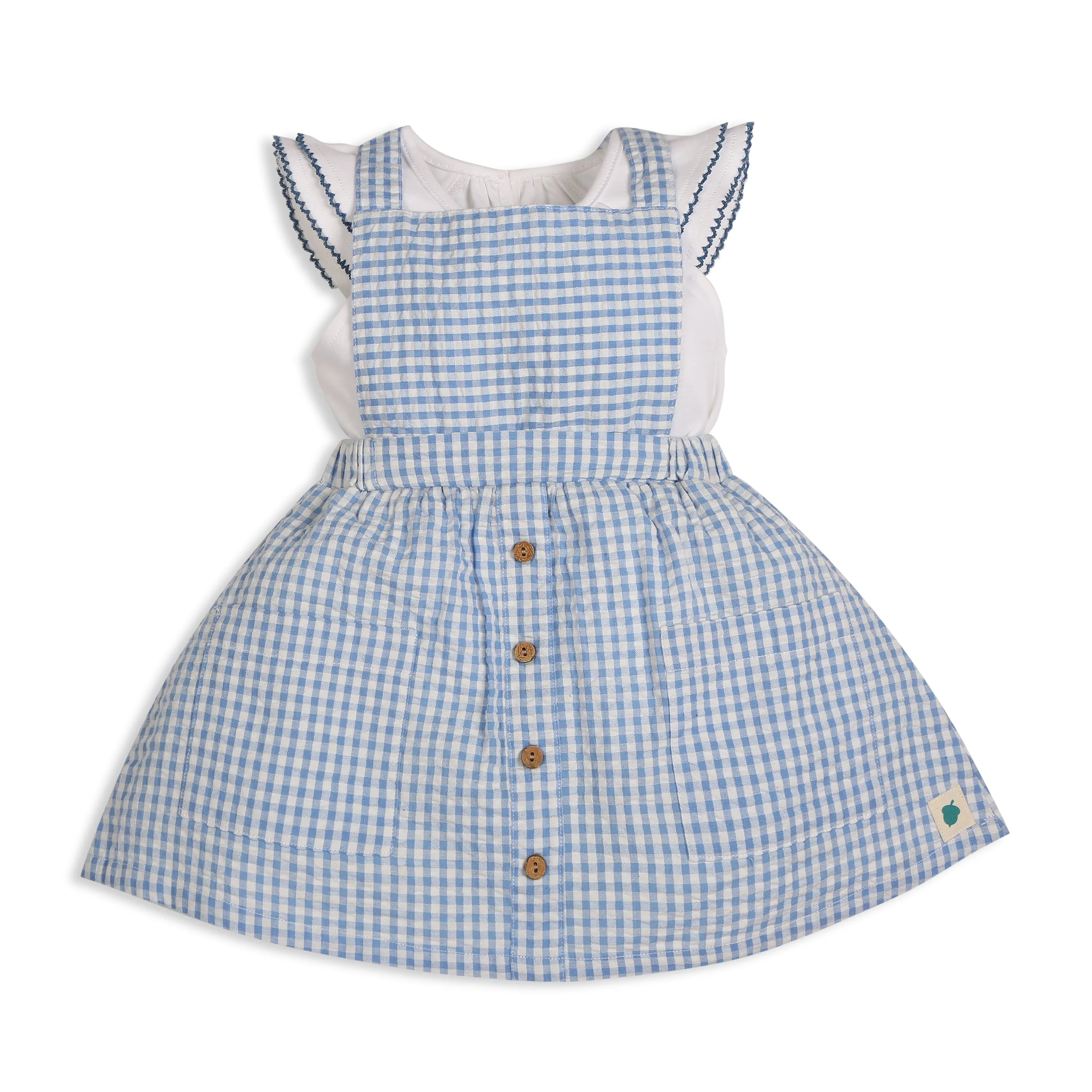 Meadow 100% Cotton Gingham Seersucker Dungaree with Knit Embroidered Tee & Peako Detail, Matching Hairband 3 PC Set - Blue & White