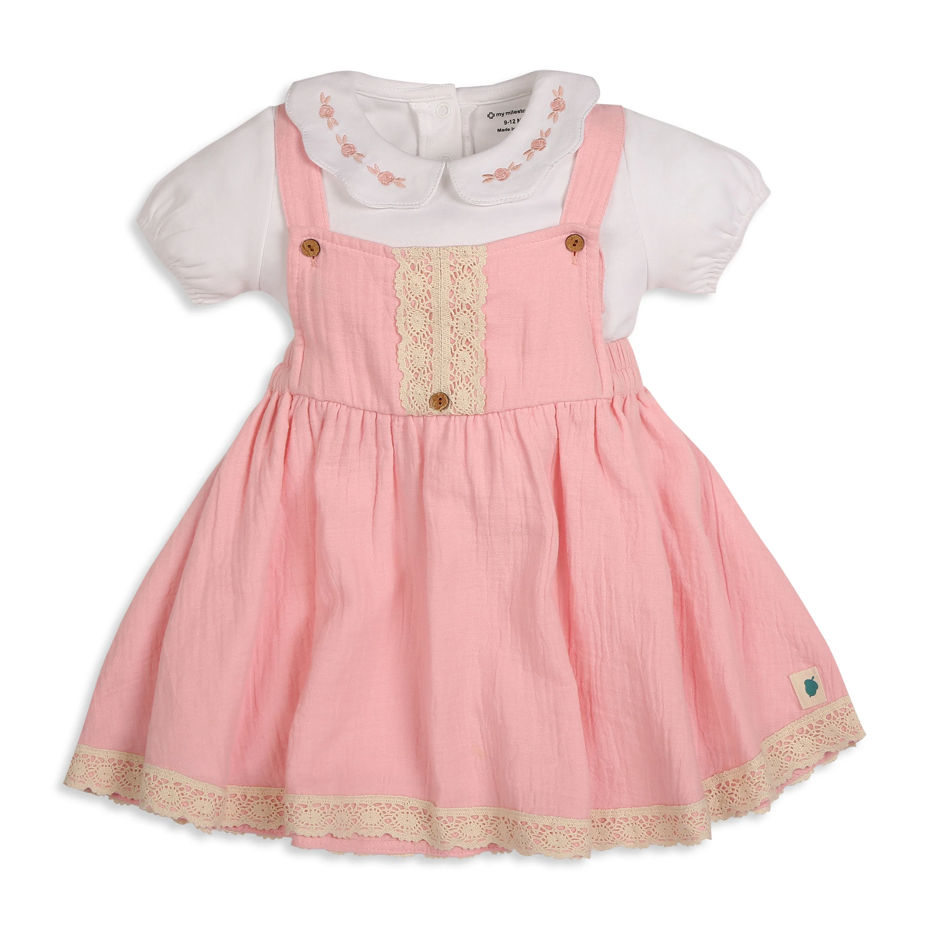 My Milestones Baby Girl Chloé Dungaree Dress With Crochet Details And Embroidered Tee - White & Pink