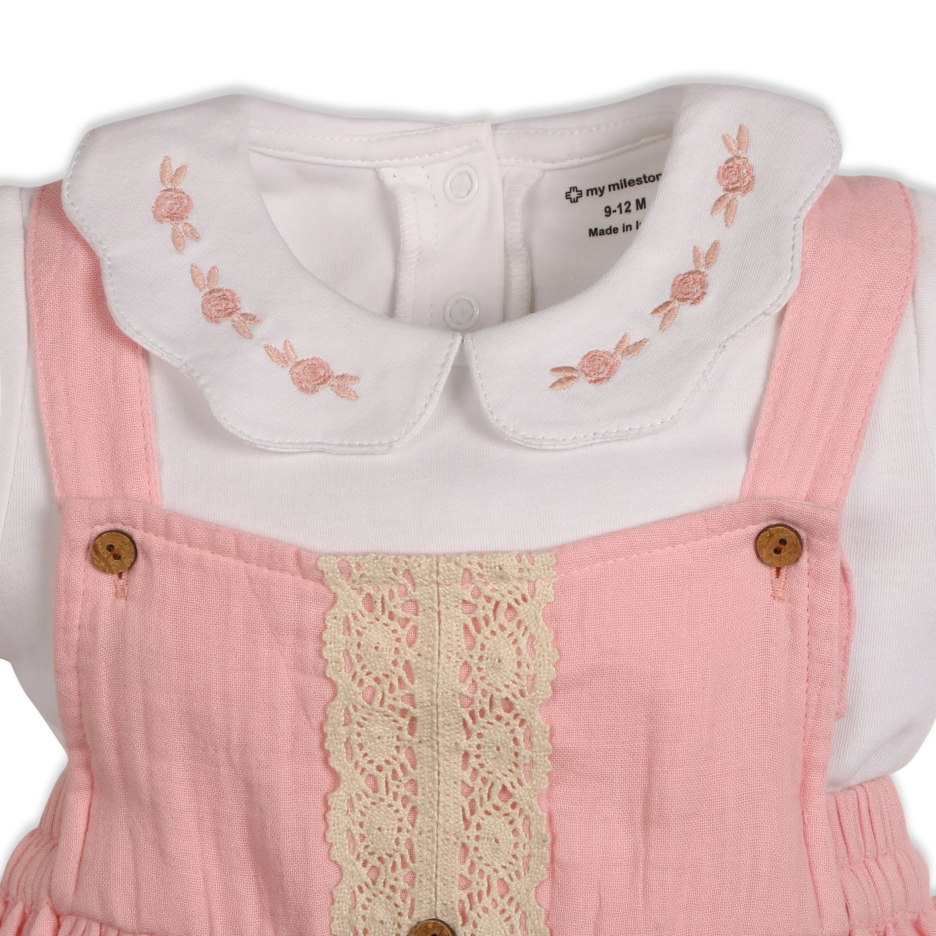 My Milestones Baby Girl Chloé Dungaree Dress With Crochet Details And Embroidered Tee - White & Pink