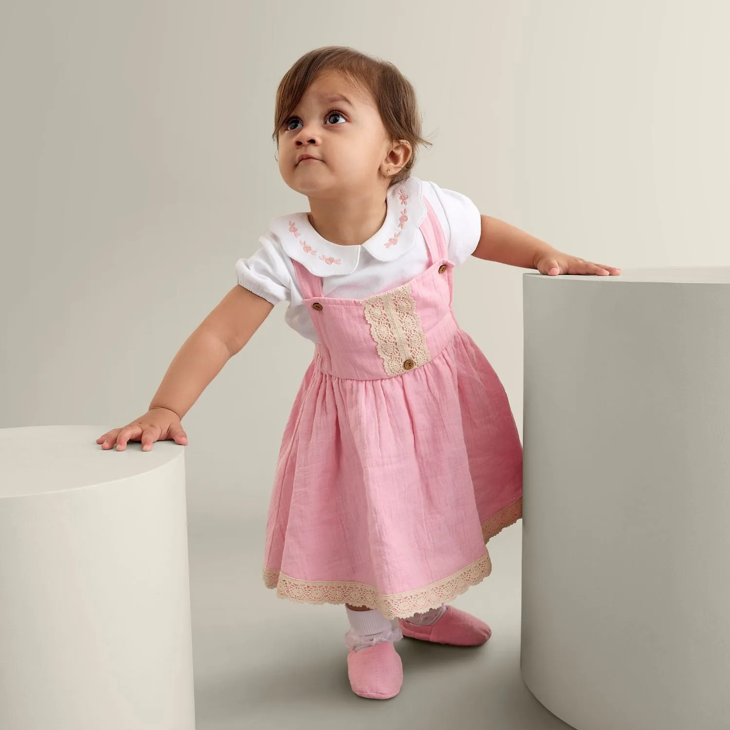 My Milestones Baby Girl Chloé Dungaree Dress With Crochet Details And Embroidered Tee - White & Pink