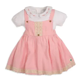 My Milestones Baby Girl Chloé Dungaree Dress With Crochet Details And Embroidered Tee - White & Pink
