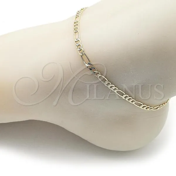 Oro Laminado Basic Anklet, Gold Filled Style Figaro Design, Diamond Cutting Finish, Golden Finish, 03.213.0309.10
