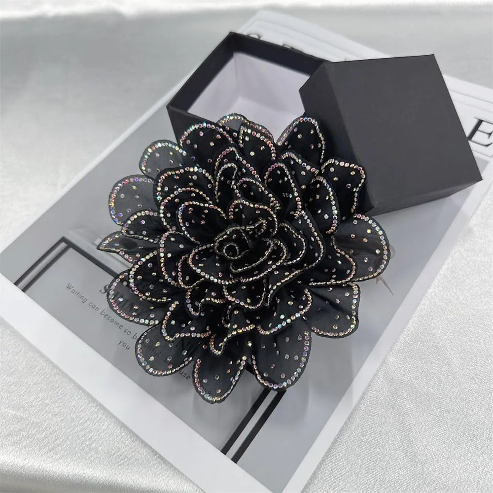 Rhinestone Camellia Flower Big Brooch Lapel Pins for Women Fashion Crystal Fabric Floral Brooches Pin for Dresses Suit Accessories Jewelry Boutonniere Corsage Wedding Party 140mm