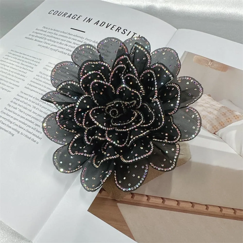 Rhinestone Camellia Flower Big Brooch Lapel Pins for Women Fashion Crystal Fabric Floral Brooches Pin for Dresses Suit Accessories Jewelry Boutonniere Corsage Wedding Party 140mm