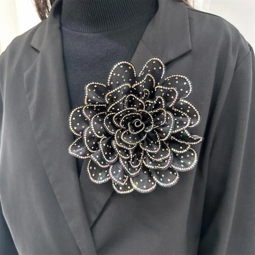Rhinestone Camellia Flower Big Brooch Lapel Pins for Women Fashion Crystal Fabric Floral Brooches Pin for Dresses Suit Accessories Jewelry Boutonniere Corsage Wedding Party 140mm