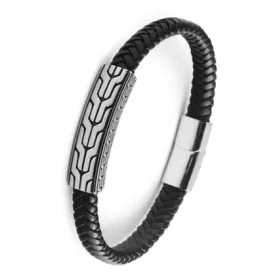 Stainless Steel Chevron Pattern ID with Black Braided Leather Bracelet