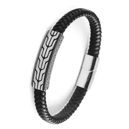 Stainless Steel Chevron Pattern ID with Black Braided Leather Bracelet