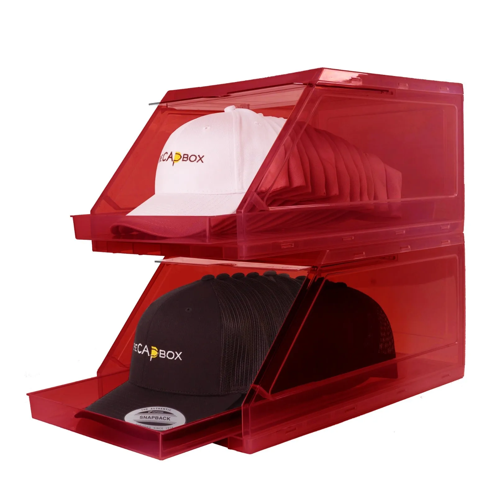 The CapBox 2.0 (2 Pack Red) Hat Organizer for Baseball Caps, Stackable Hat Rack Cap Storage Container