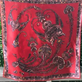 Vintage Silk Scarf Red Jellyfish Design - Square - OOAK