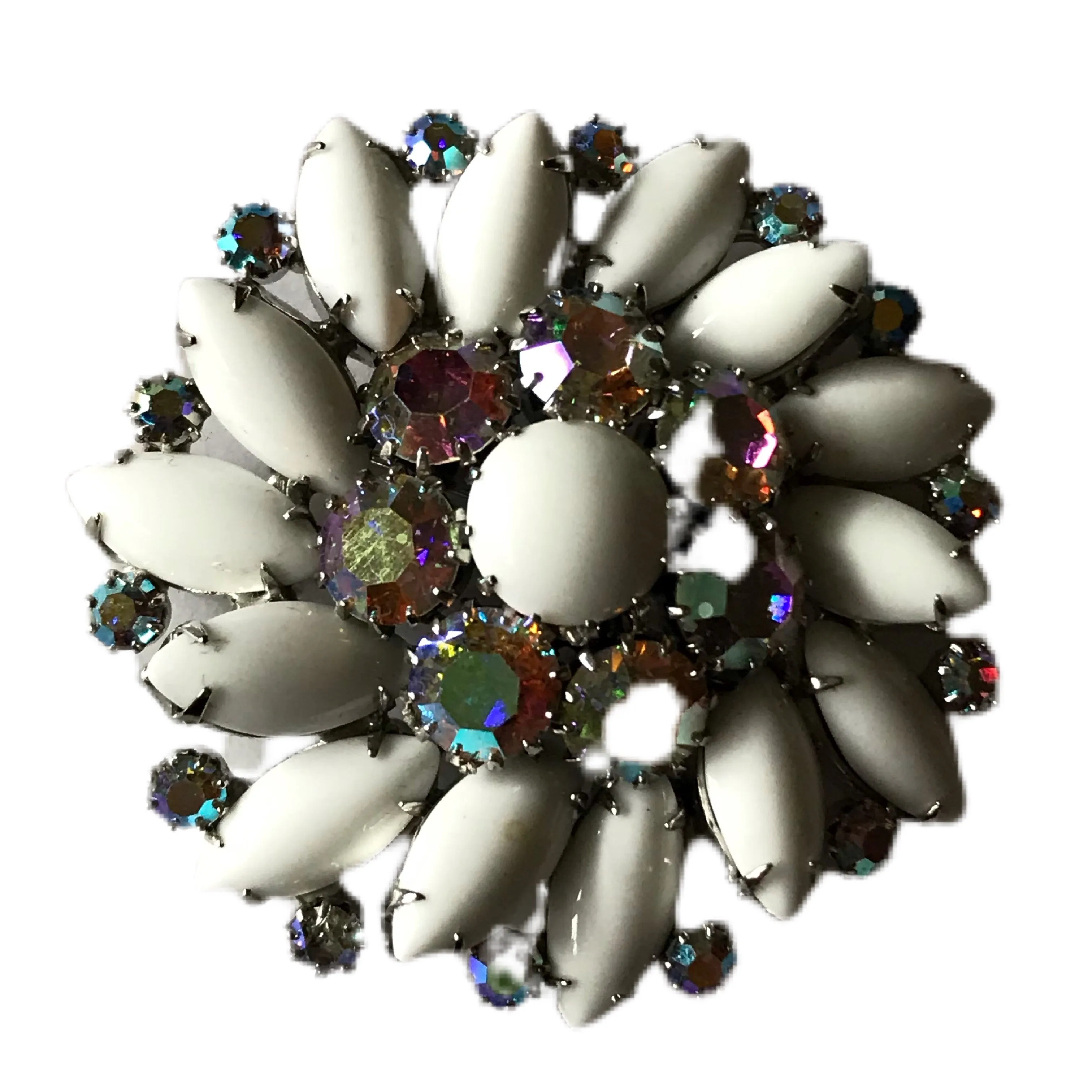 White Glass Navette and Aurora Borealis Flower Statement Brooch circa 1960s