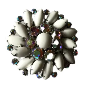 White Glass Navette and Aurora Borealis Flower Statement Brooch circa 1960s